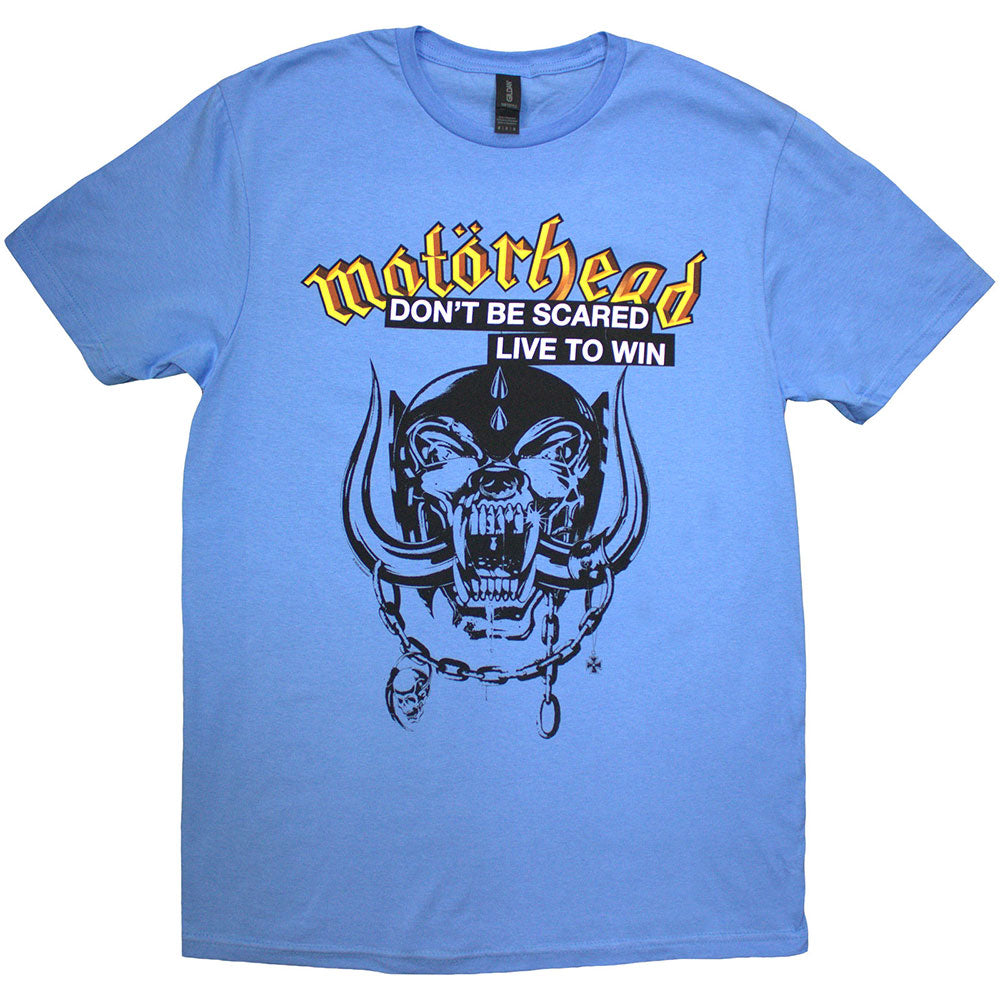 Blue unisex t-shirt featuring a Motorhead Live To Win graphic print on the front.