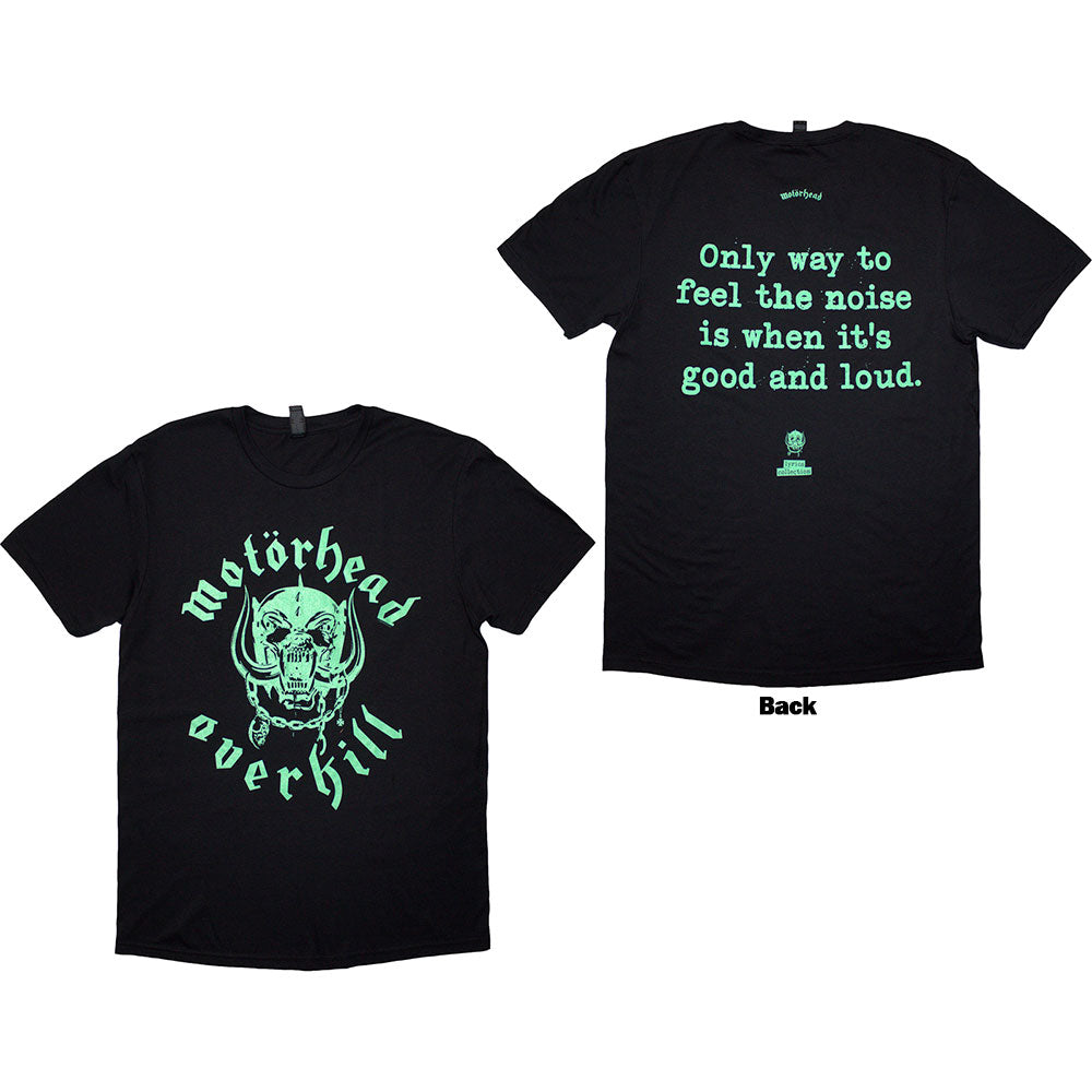 Black t-shirt with white “Overkill” lyrics printed on the back, medium size.