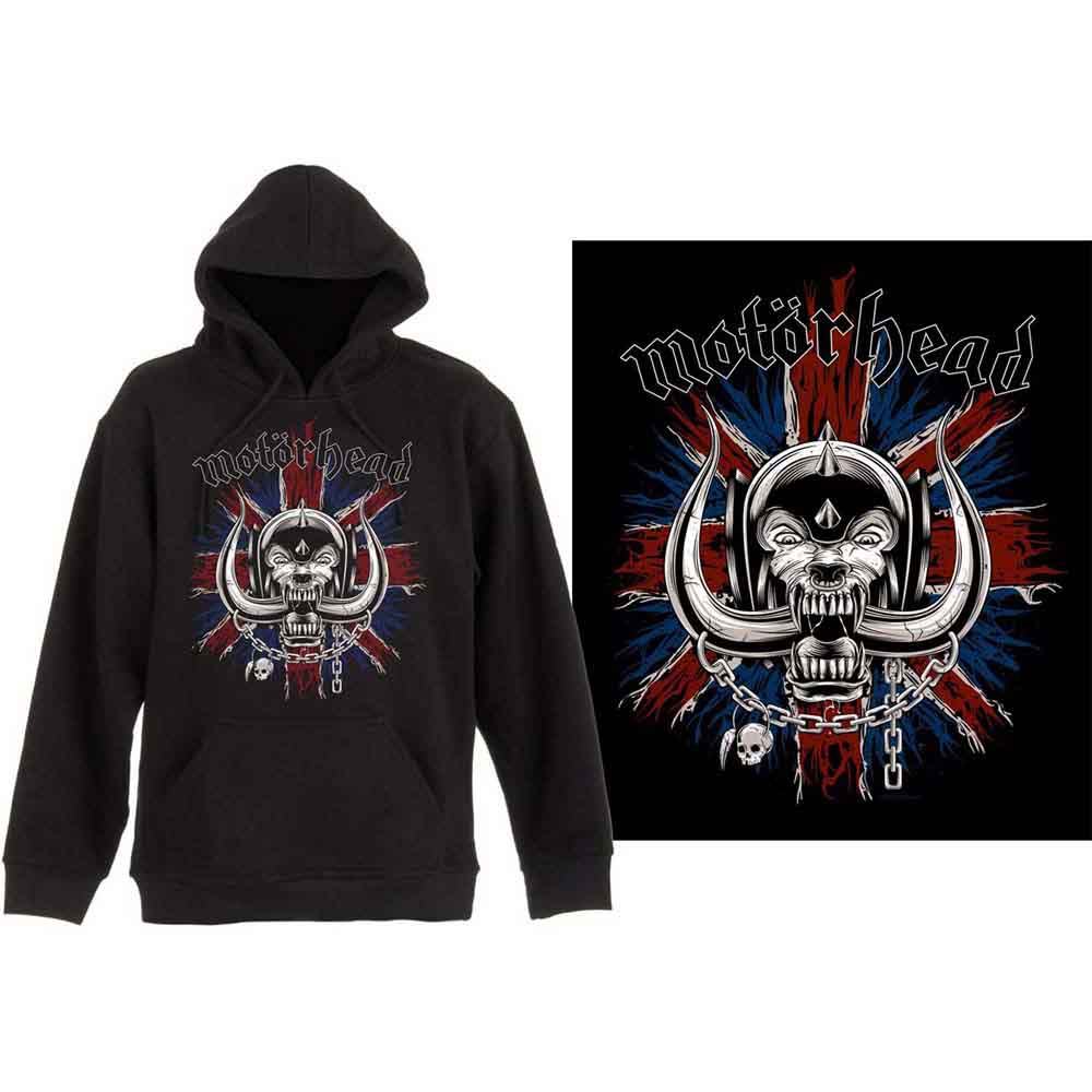 Black Motorhead hoodie with white skull and Union Jack design.
