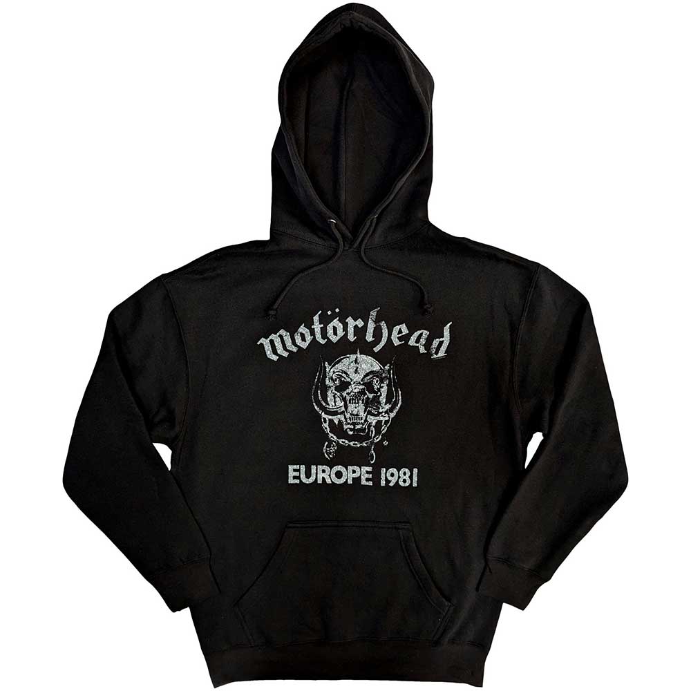 Black unisex pullover hoodie featuring a white Motorhead Europe '81 tour graphic on front.
