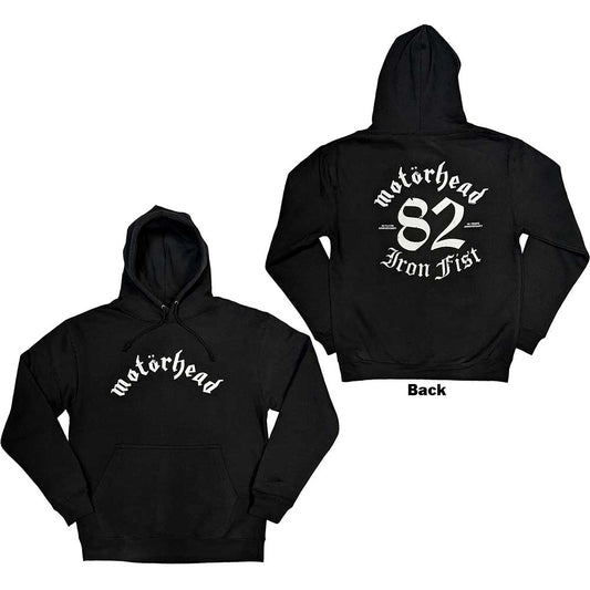 Black pullover hoodie with large Iron Fist '82 Motorhead back print, unisex style.