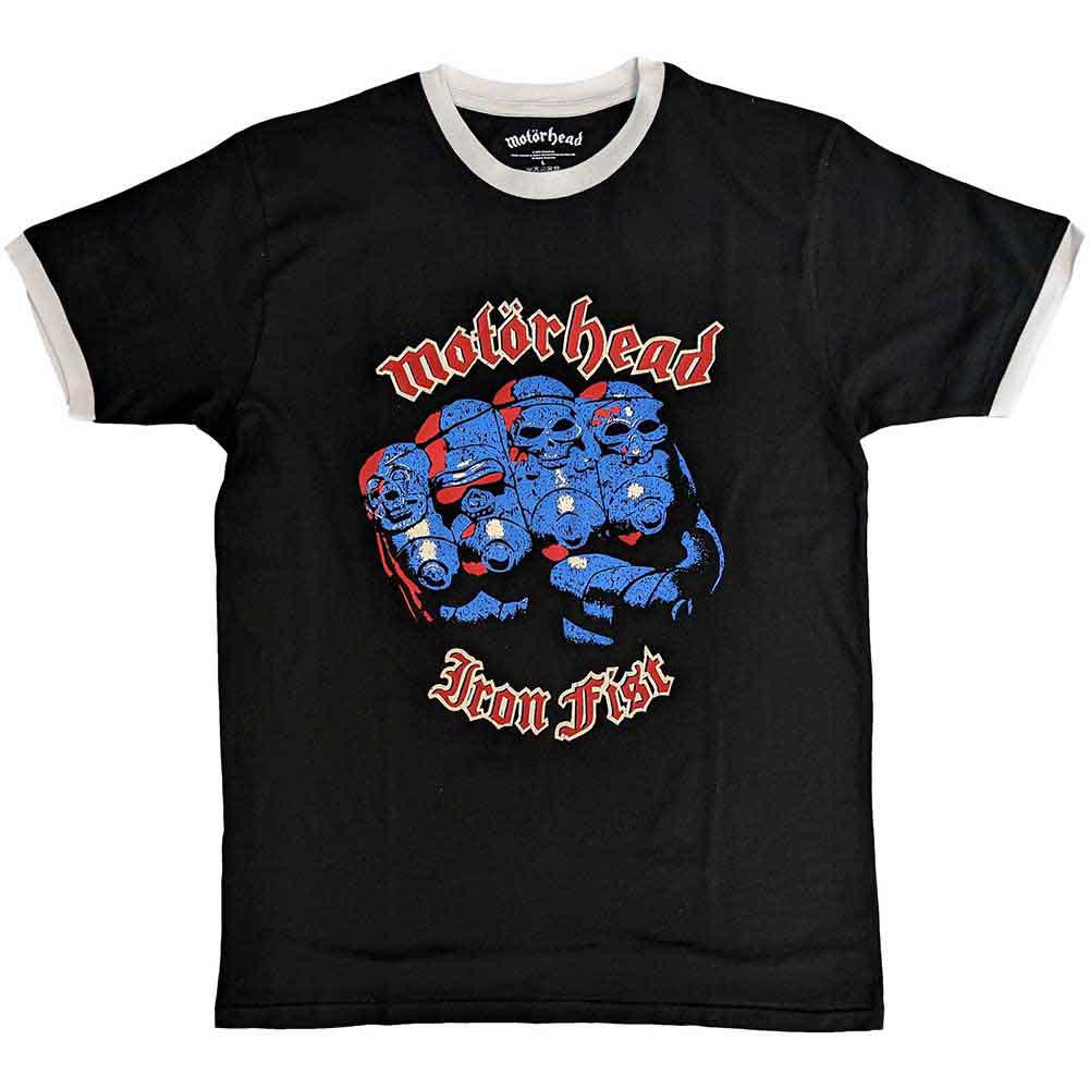 Black t-shirt with white ringer collar, featuring Motorhead’s “Iron Fist” artwork.