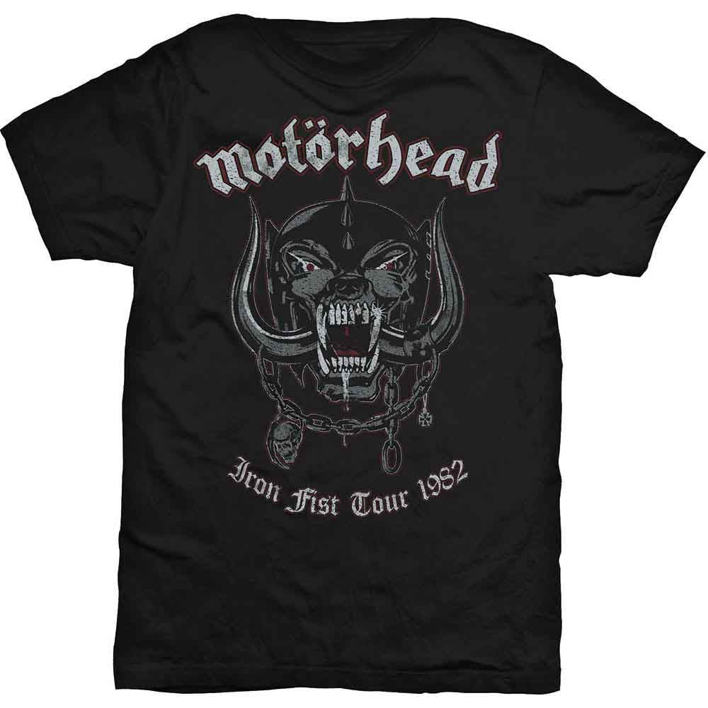 Black Motorhead t-shirt with Warpig graphic and "Iron Fist 1982" text.