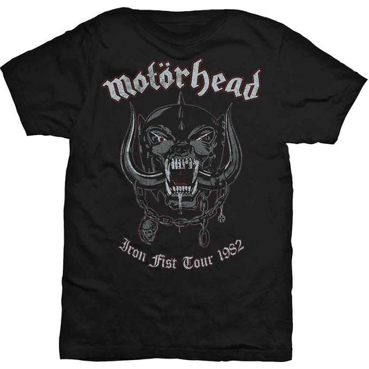 Black Motorhead t-shirt with Warpig graphic and "Iron Fist 1982" text.