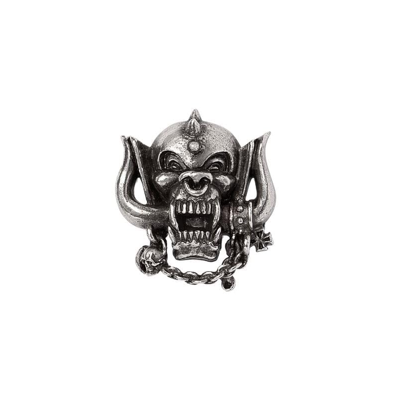 Silver-toned Motorhead Warpig pin badge with a snarling boar’s head design.
