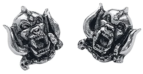Two silver-colored, pewter stud earrings shaped like snarling war pigs.