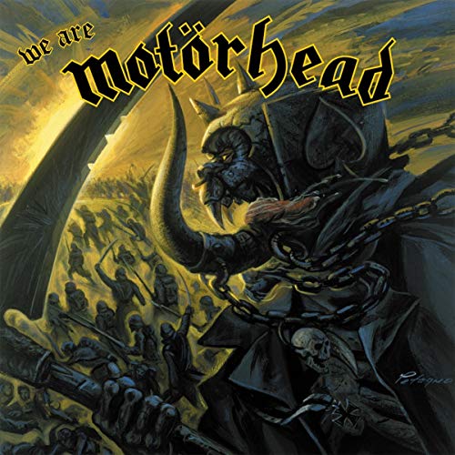 "Motörhead album cover featuring a dark, armored warrior battling a crowd of warriors."