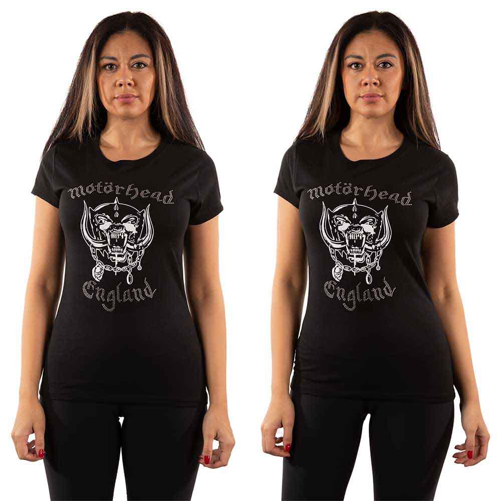 Black Motorhead t-shirt with rhinestone War-Pig logo and “England” text.