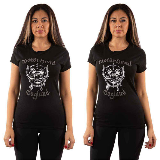 Black Motorhead t-shirt with rhinestone War-Pig logo and “England” text.