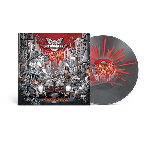Motorjesus "Streets of Fire" vinyl record with red splatter effect.