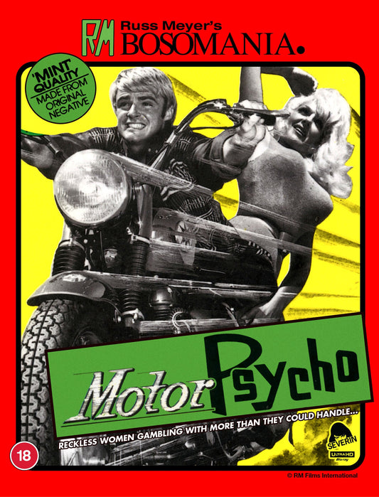 Movie poster for "Motorpsycho" featuring a woman riding a motorcycle.