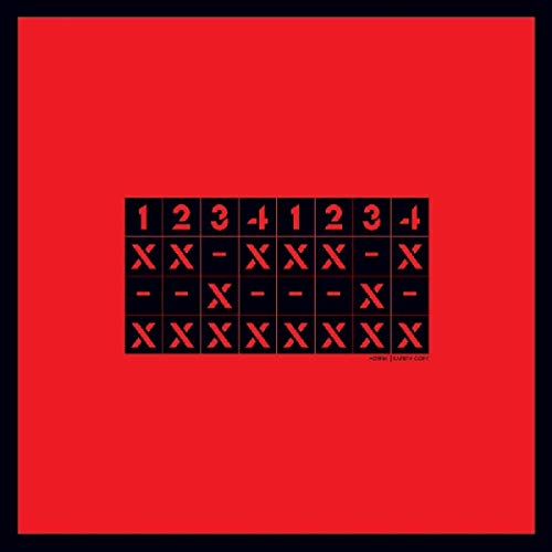Red vinyl record cover with black, repeating numerical and crosshatch pattern.