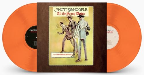 Orange vinyl records with album cover featuring three men in suits.