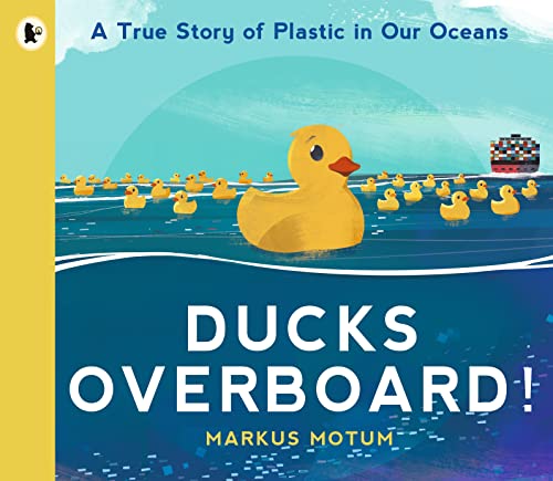 Yellow rubber ducks floating in blue ocean waves, book cover.