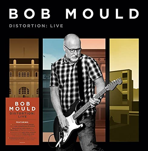 Bob Mould playing an electric guitar in front of stylized building illustrations.