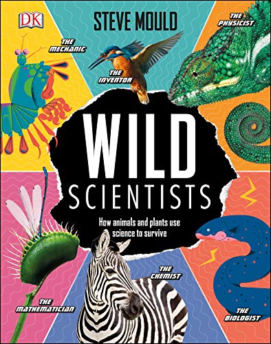 Book cover: "Wild Scientists" featuring animals and plants, colorful geometric background.