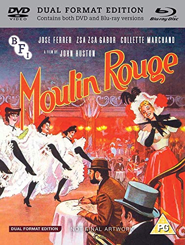 Moulin Rouge Blu-ray cover with dancers, a cabaret scene, and red lettering.