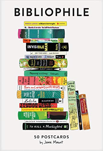 Stack of colorful books with titles, "Bibliophile" postcards set.
