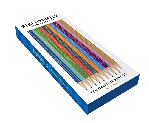 Box of ten colorful "Bibliophile Literary Pencils" with gold lettering.