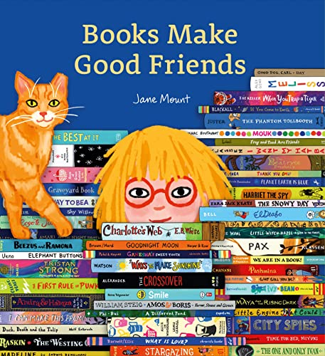 Book cover with illustrated girl and orange cat surrounded by books.