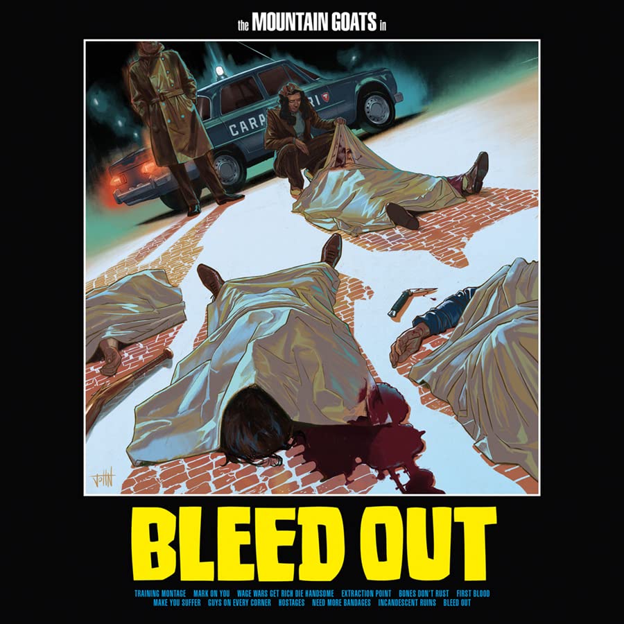 Album cover for "Bleed Out" by Mountain Goats, depicting figures around a car.
