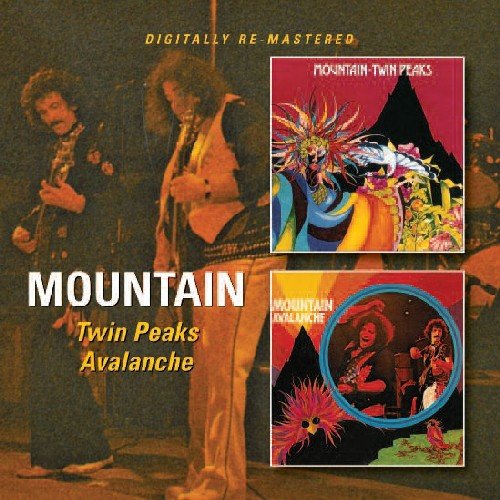 "CD cover with 'Mountain' text, two album art images, and musicians in the background."