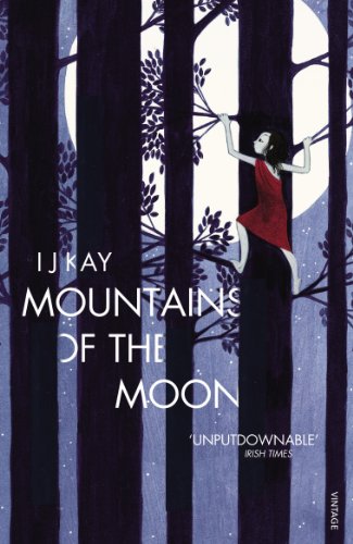 Book cover: girl in red dress climbing a tree, moon backdrop.