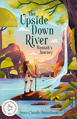 Book cover: girl with staff by a flowing, upside-down river.