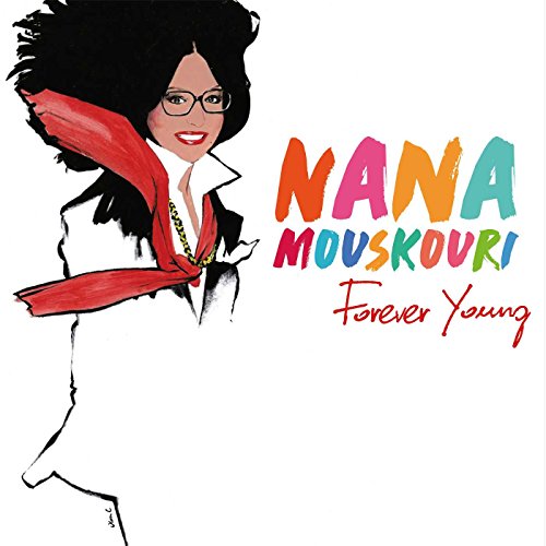 Nana Mouskouri album cover, illustrated portrait with red scarf and text.