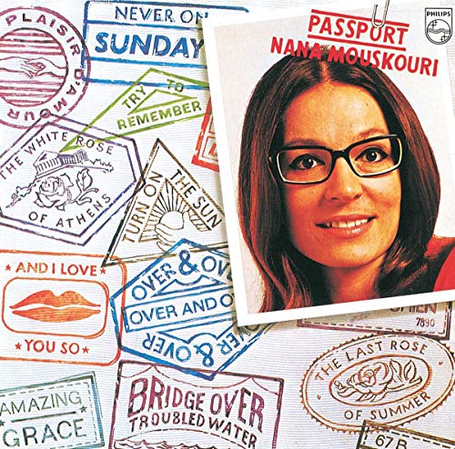Nana Mouskouri "Passport" CD cover with travel stamp imagery and portrait.