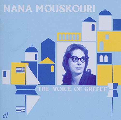 Nana Mouskouri portrait on a blue and yellow illustrated background of Greek buildings.