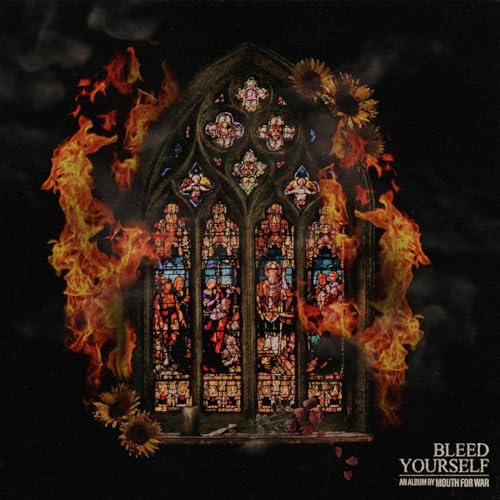 Burning gothic window with sunflowers and figures, album cover art.