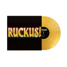 The image shows a vinyl record with a black sleeve and gold vinyl.