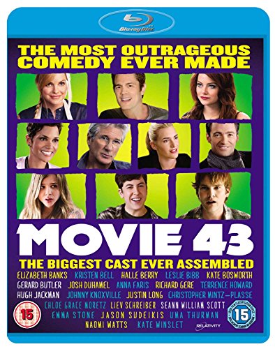 Movie 43" Blu-ray cover with a collage of actors and purple background.