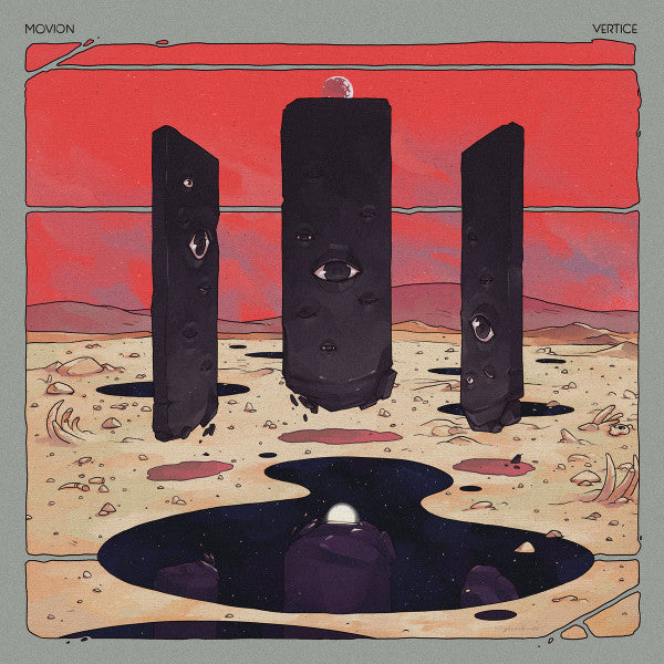Album cover: three monoliths with eyes over a dark, swirling landscape.