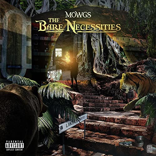 CD cover with a bear, tiger, person, and jungle-like ruins.