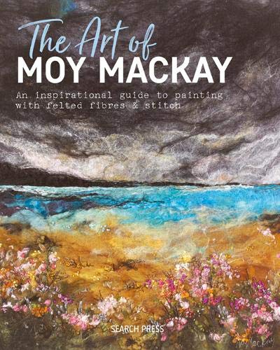 Book cover featuring a felted landscape of a dark sky, blue sea, and flowers.