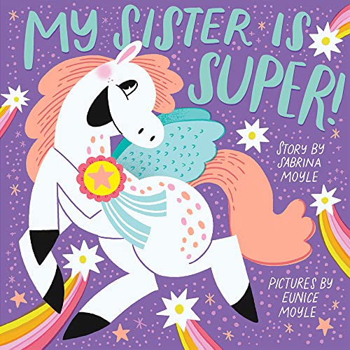 Book cover: white unicorn with rainbow mane and wings on purple background.