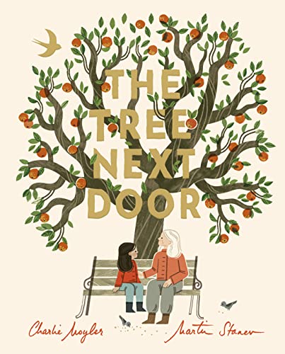Book cover: tree with oranges, bench with two people, bird flying.