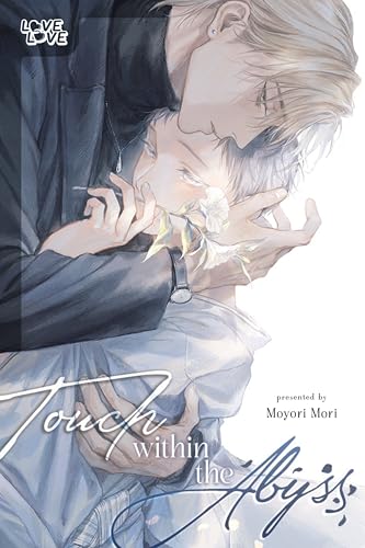 Two men embracing, holding a flower, with stylized text overlay.
