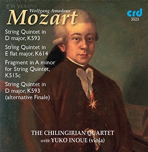 CD cover featuring a portrait of Mozart and text listing string quintets.