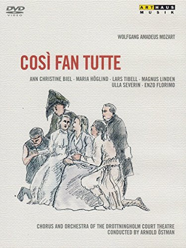 DVD cover for Mozart's "Cosi Fan Tutte" featuring a sketch of people in 18th-century attire.