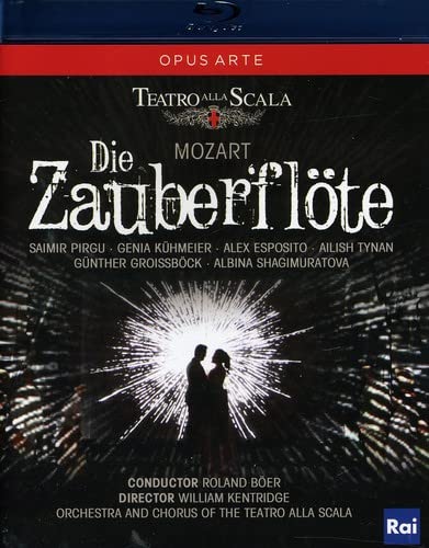 Blu-ray cover for Mozart’s *The Magic Flute* opera, featuring silhouetted figures.