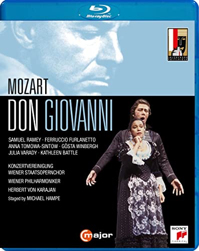 Blu-ray cover for Mozart's *Don Giovanni* opera, featuring performers and a portrait.