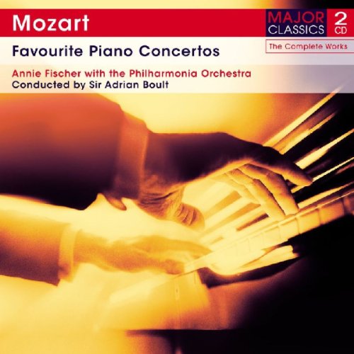 Album cover for Mozart Favourite Piano Concertos featuring hands playing a piano in warm light.