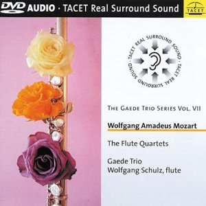 DVD cover with flute and roses, Mozart's "The Flute Quartets" on a pink and white background.