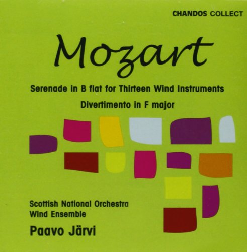 A green CD cover featuring colorful shapes and text about Mozart's music compositions.