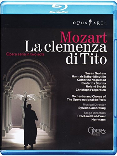 Blu-ray cover for Mozart’s opera *La clemenza di Tito*, featuring a cloaked figure.