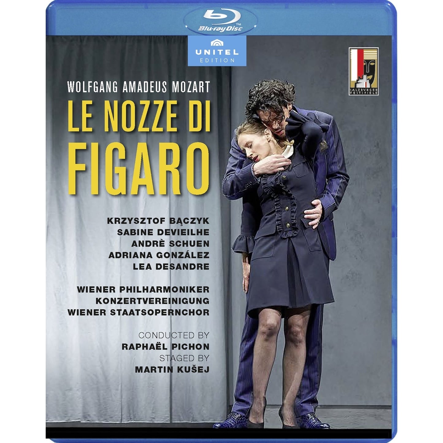 Blu-ray cover for Mozart’s “Le Nozze Di Figaro” opera with performers pictured.