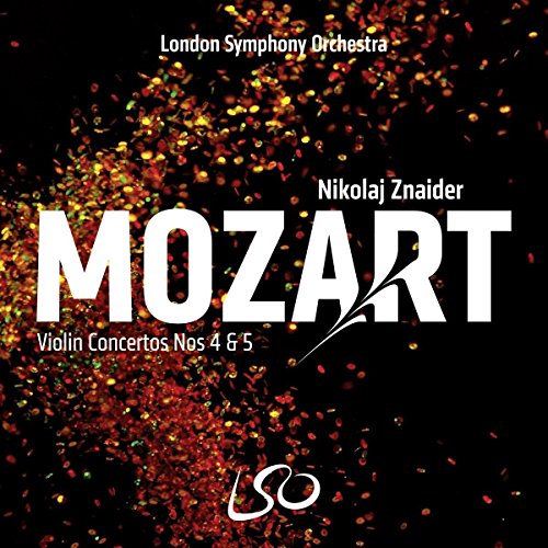 CD cover for Mozart violin concertos featuring gold glitter and white text.